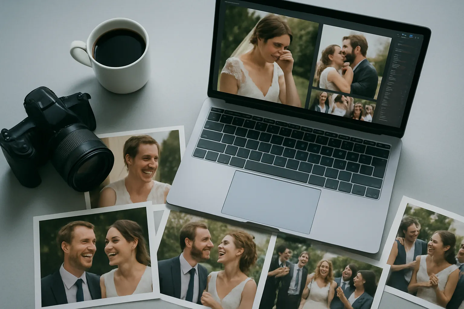 Fotos eines lachenden Paares bei ihrer Hochzeit, Kamera, Laptop, Kaffee und mehrere Bilder auf weißem Tisch.