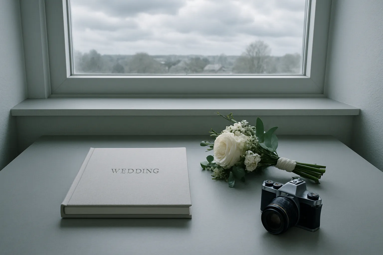 Weiße Hochzeitsblumen, ein Fotoaparate und ein Buch mit "WEDDING" auf einem weißen Tisch vor einem Fenster mit Blick auf eine graue Wolkendecke.