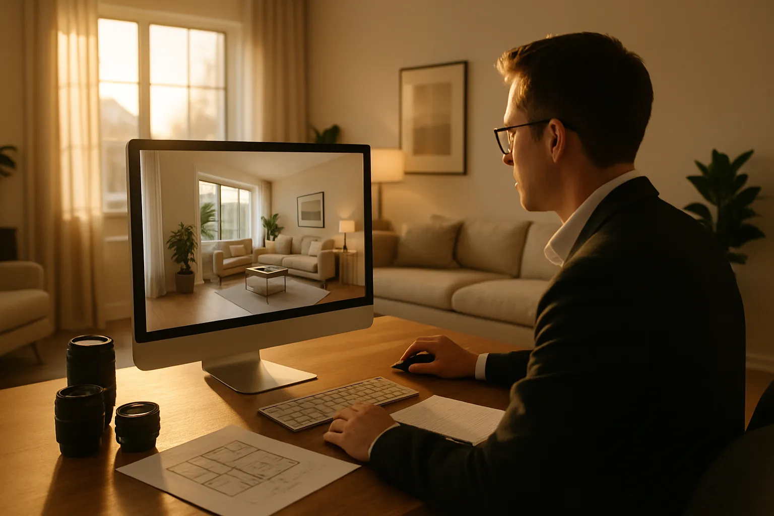 Ein Mann im Anzug arbeitet an einem Computer, zeigt Bilder eines modernen Wohnzimmers mit Sofa, Pflanzen und Bildern an der Wand.