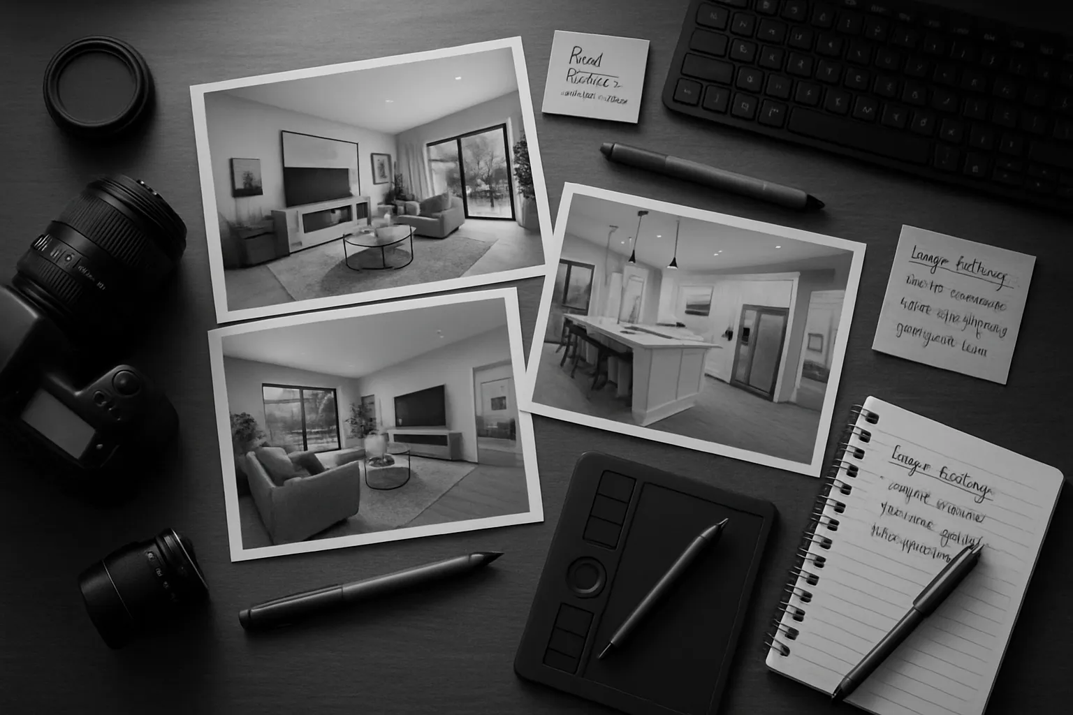 Zwei Schwarz-Weiß-Fotografien von modernen Wohnzimmern und Küchen auf einem Schreibtisch mit Laptop, Kamera, Notizbuch, Stiften und Notizen.