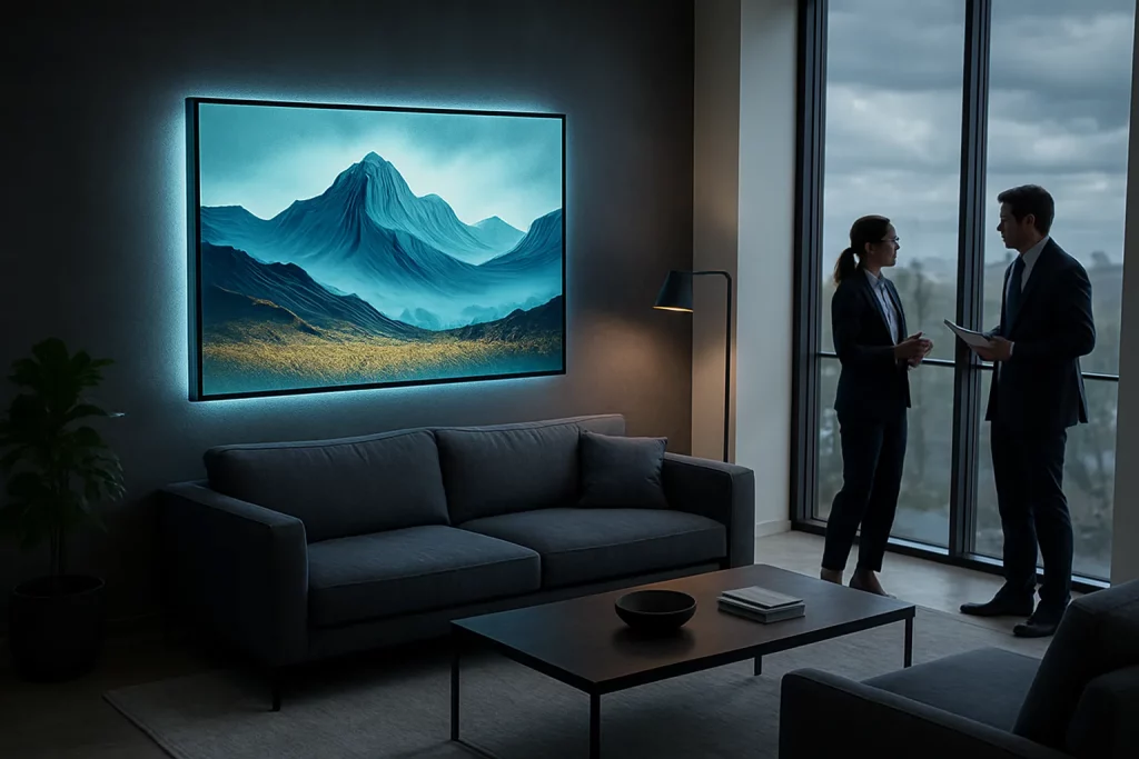 Zwei Geschäftsleute sprechen im modernen Büro mit großen Fenstern, Wandbild mit Bergen, Couch, Tisch und Stehlampe.