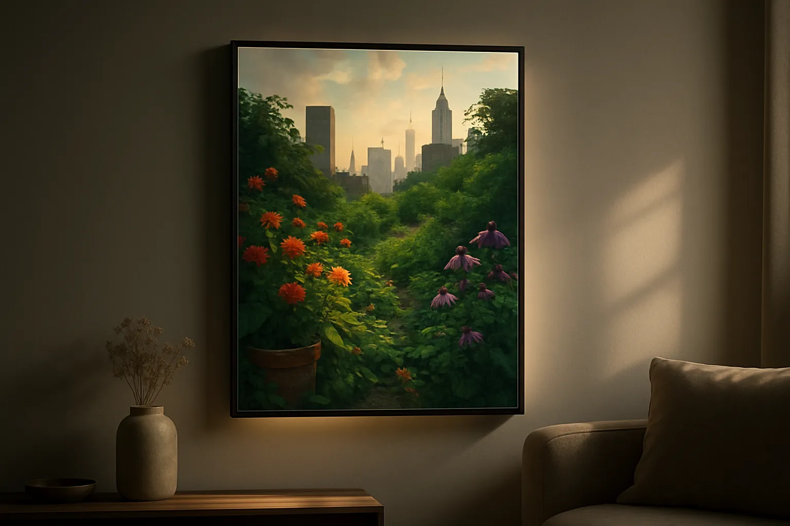 Ein Bild mit einer Stadt im Hintergrund, Blumen im Vordergrund, in einem Wohnzimmer. Eine Vase mit trockenen Blumen steht auf einem Tisch.