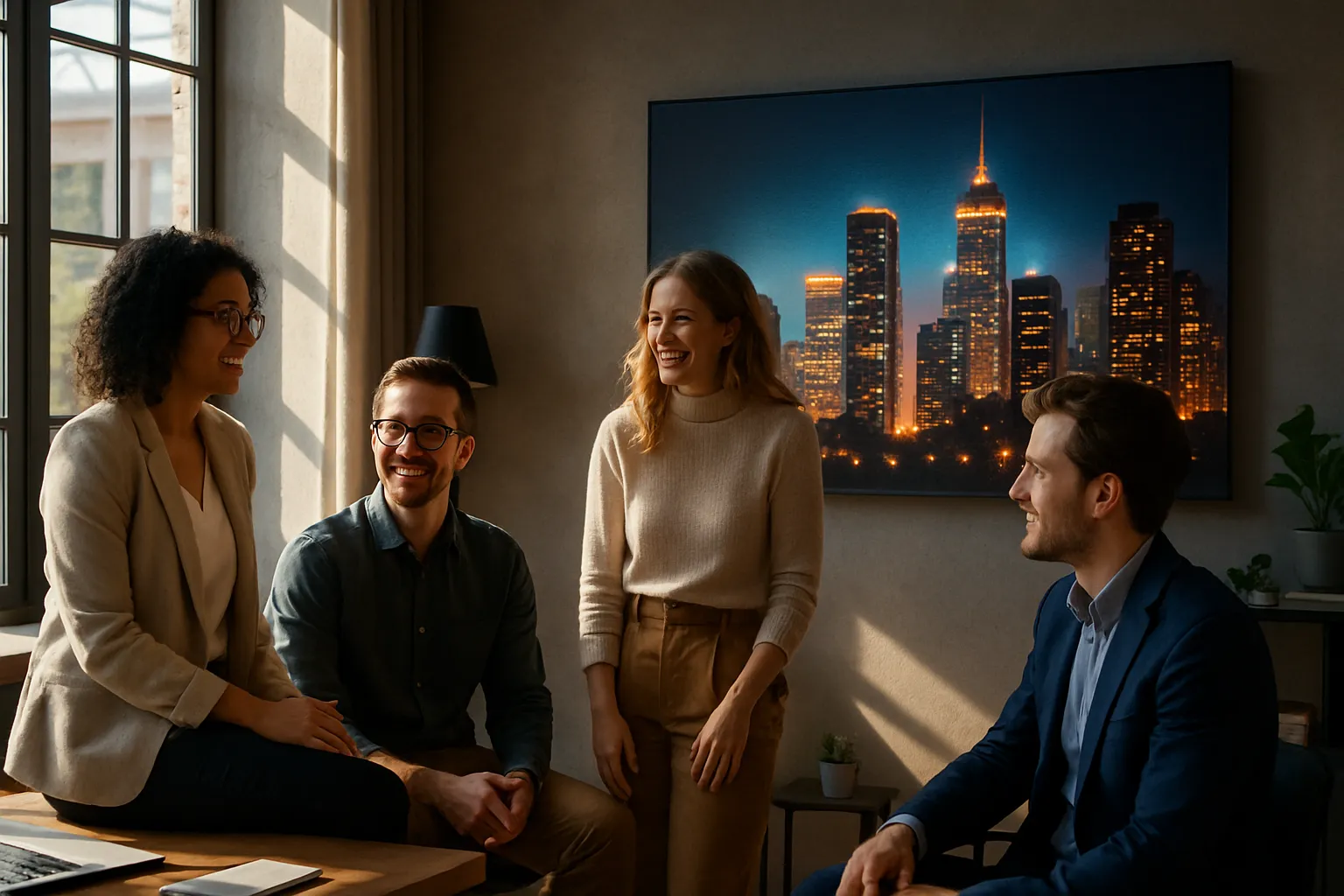 Vier Menschen lachen und reden in einem Büro. Hinter ihnen ist ein Stadtbild bei Nacht auf einem großen Bildschirm zu sehen.