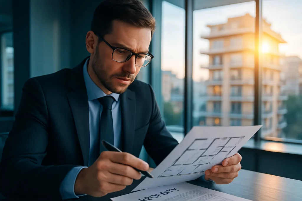 Ein Mann im Anzug mit Brille sitzt an einem Tisch im Büro, studiert Grundrisspläne, bei Sonnenuntergang durch große Fenster.