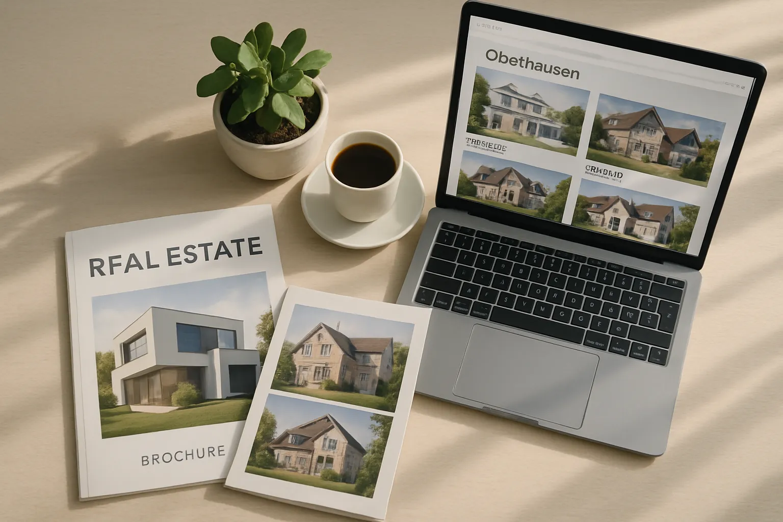 Ein Tisch mit Immobilienbroschüren, Laptop, Kaffee, Topfpflanze. Für Immobilienmakler oder Kaufinteressierte.