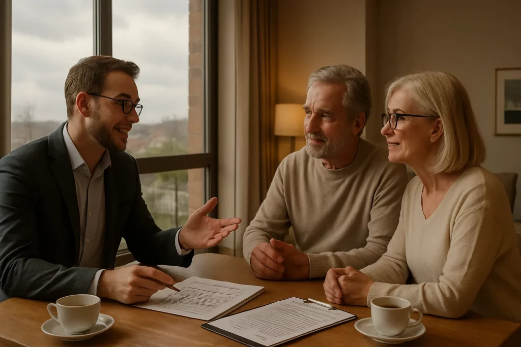 Drei Personen sprechen am Tisch, ein junger Mann erklärt den Eltern. Sie haben Papiere und Kaffee, im Hintergrund Fenster und eine Lampe.