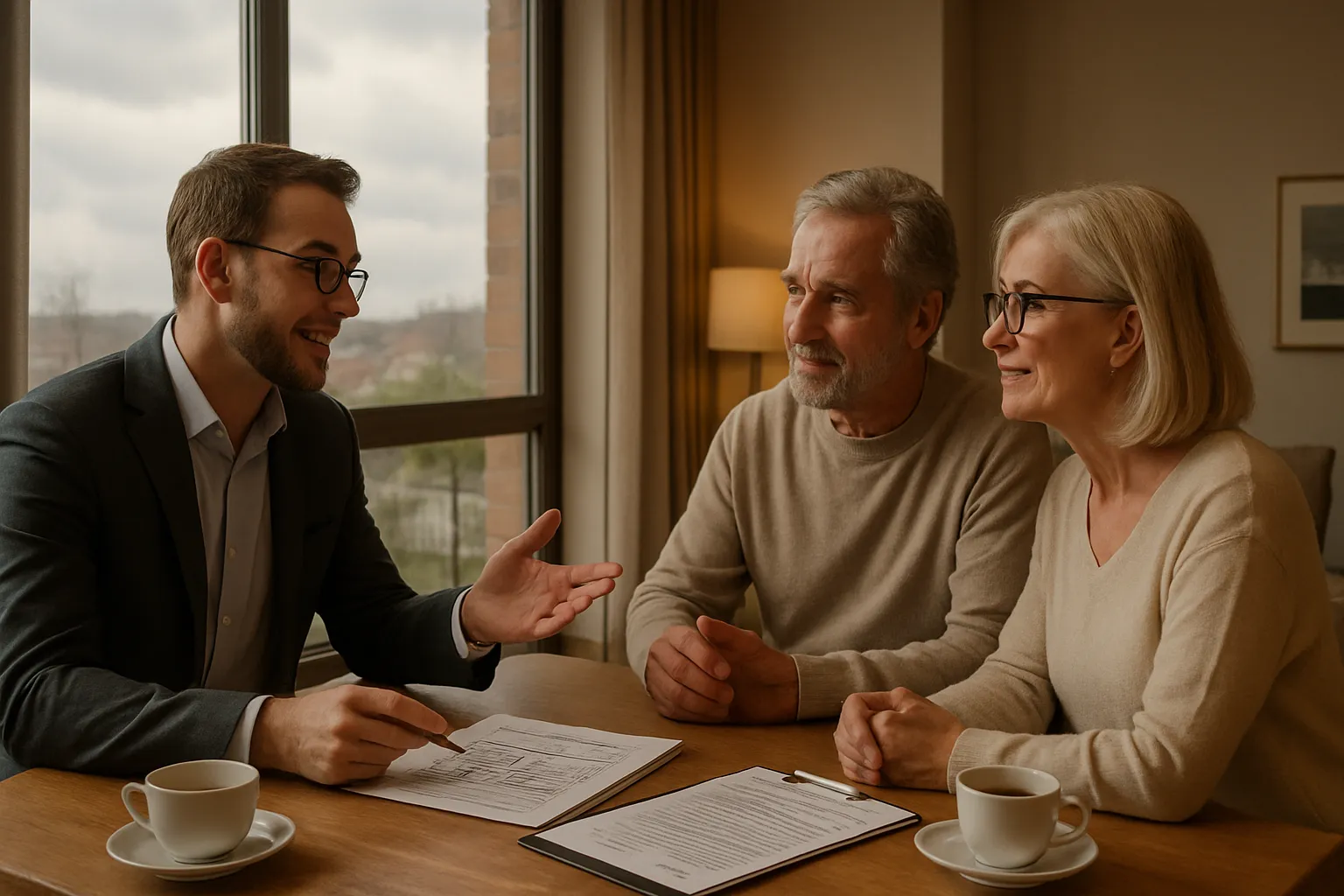 Drei Personen sprechen am Tisch, ein junger Mann erklärt den Eltern. Sie haben Papiere und Kaffee, im Hintergrund Fenster und eine Lampe.