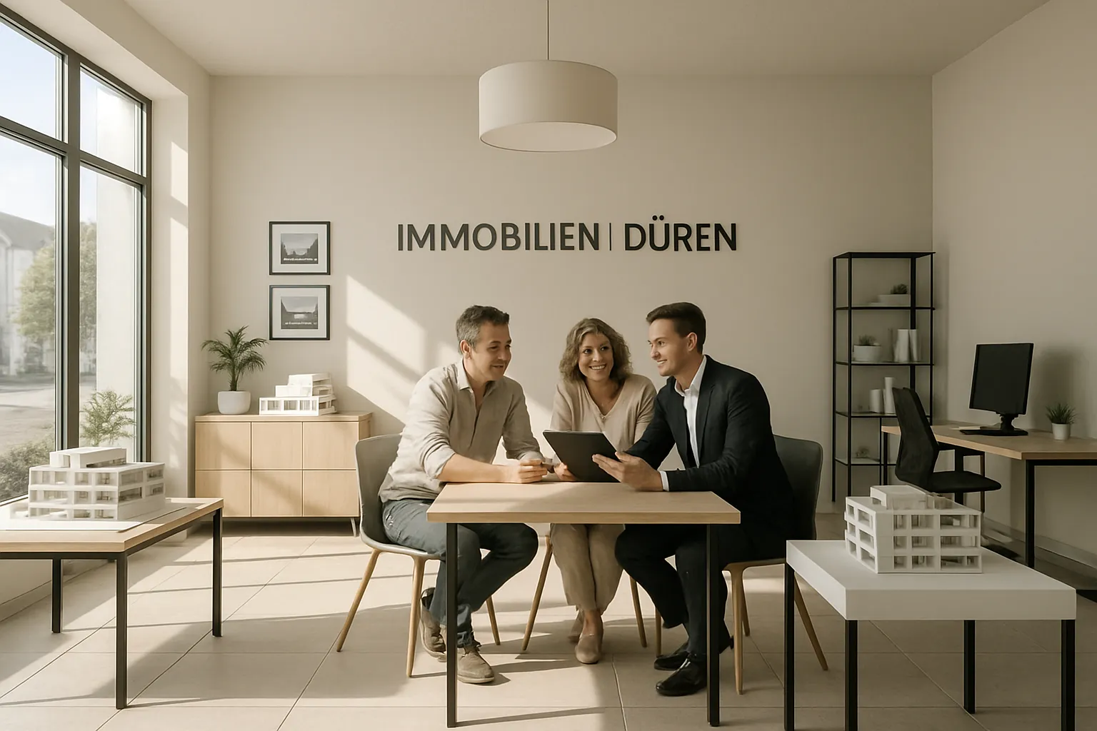 Drei Personen im Besprechungsraum bei Immobilien Düren. Zwei Männer, eine Frau, lachen und schauen auf ein Tablet. Sonniges Licht, modern eingerichtet.