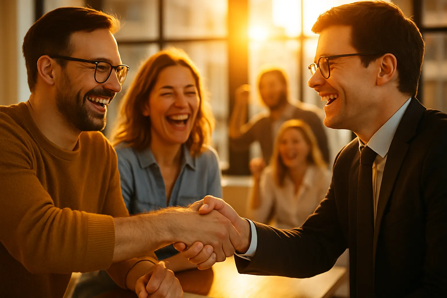 Zwei Männer schütteln sich in einem Büro bei Sonnenuntergang die Hand, während andere Teammitglieder im Hintergrund lachen.