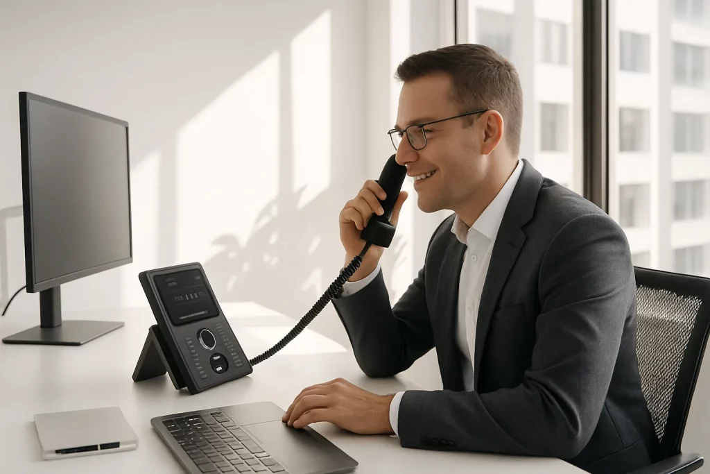 Ein Mann in Anzug sitzt im Büro, telefoniert und arbeitet am Laptop. Neben ihm ist ein Telefon, am Fenster sieht man Gebäude.