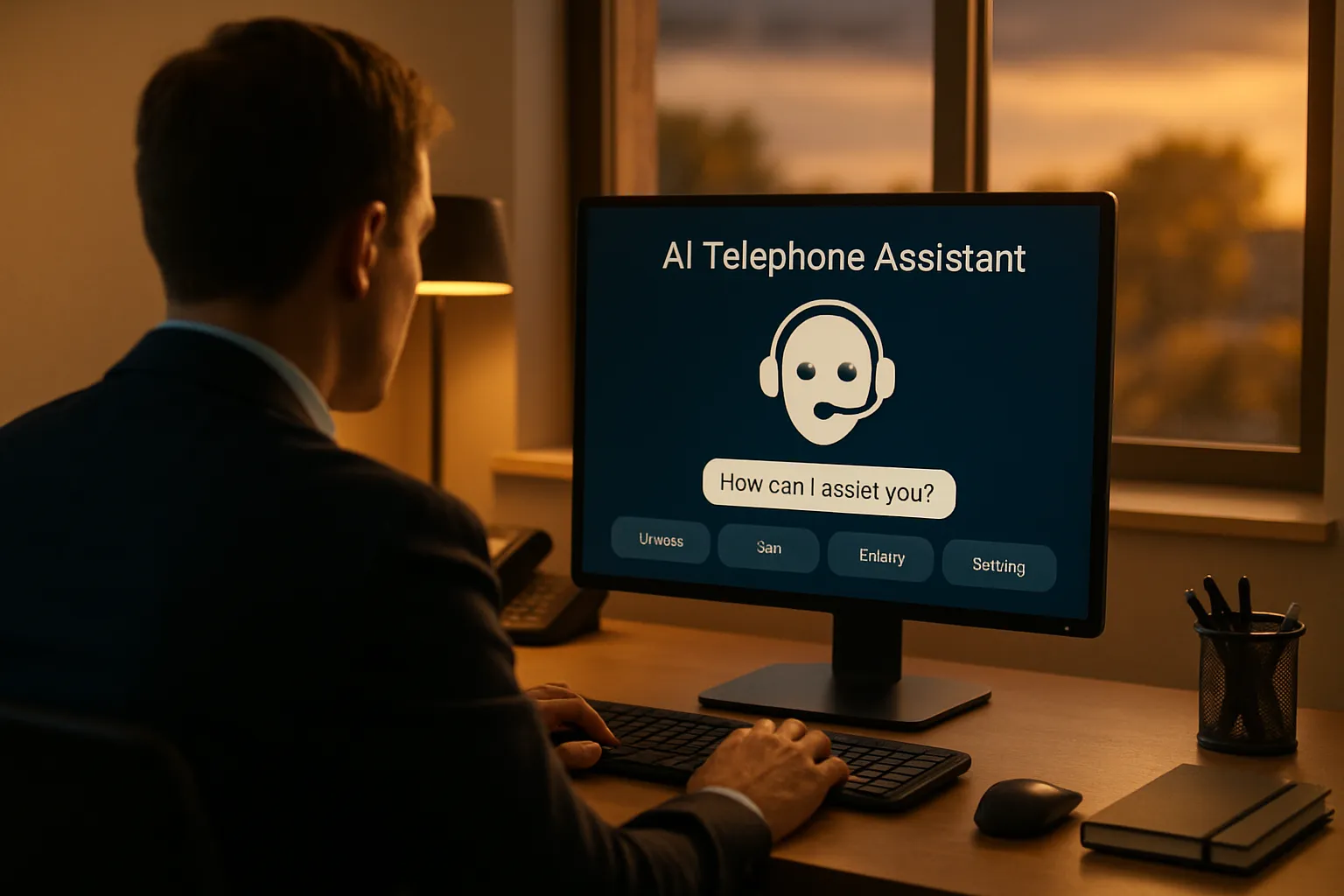 Ein Mann sitzt nachts an einem Schreibtisch vor einem Monitor mit AI-Telefon-Assistent, im Hintergrund liegt die Sonne am Himmel.