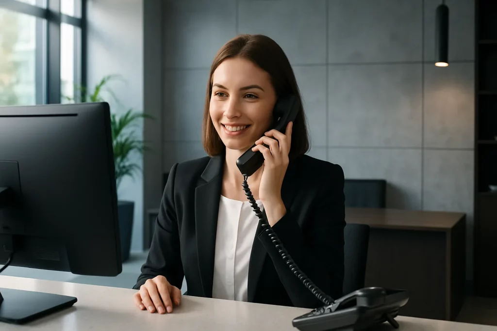 Frau sitzt im Büro, telefoniert lächelnd, vor meinem Computer und einem Telefon, im Hintergrund Fenster und Pflanzen.