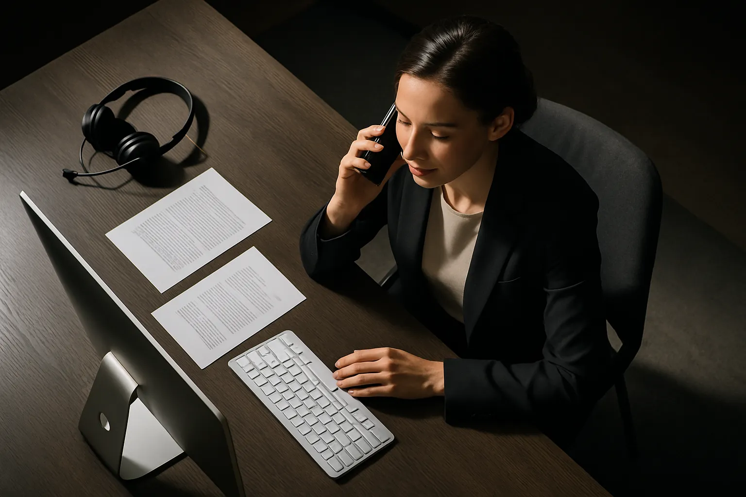 Eine Frau sitzt an einem dunklen Schreibtisch, spricht am Telefon, vor einem Computer mit Tastatur, mit Papieren und Kopfhörern.