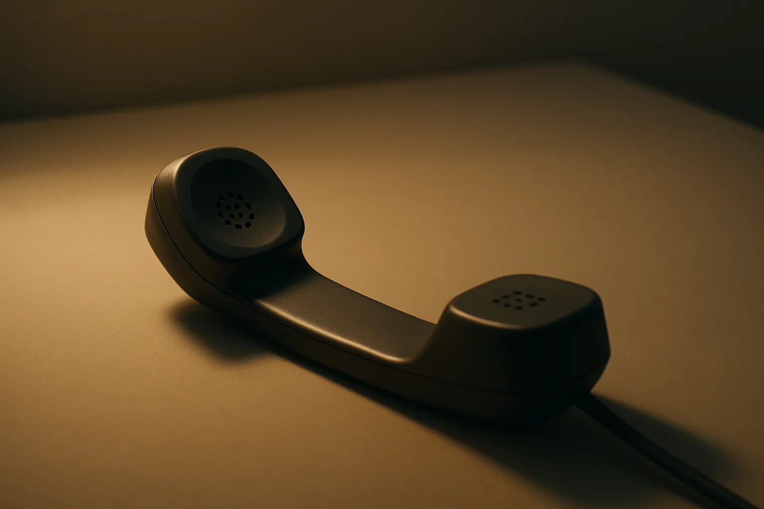 Ein altes schwarzes Telefon liegt auf einem Tisch, im Schatten, mit einem Kabel, in gedämpftem Licht.