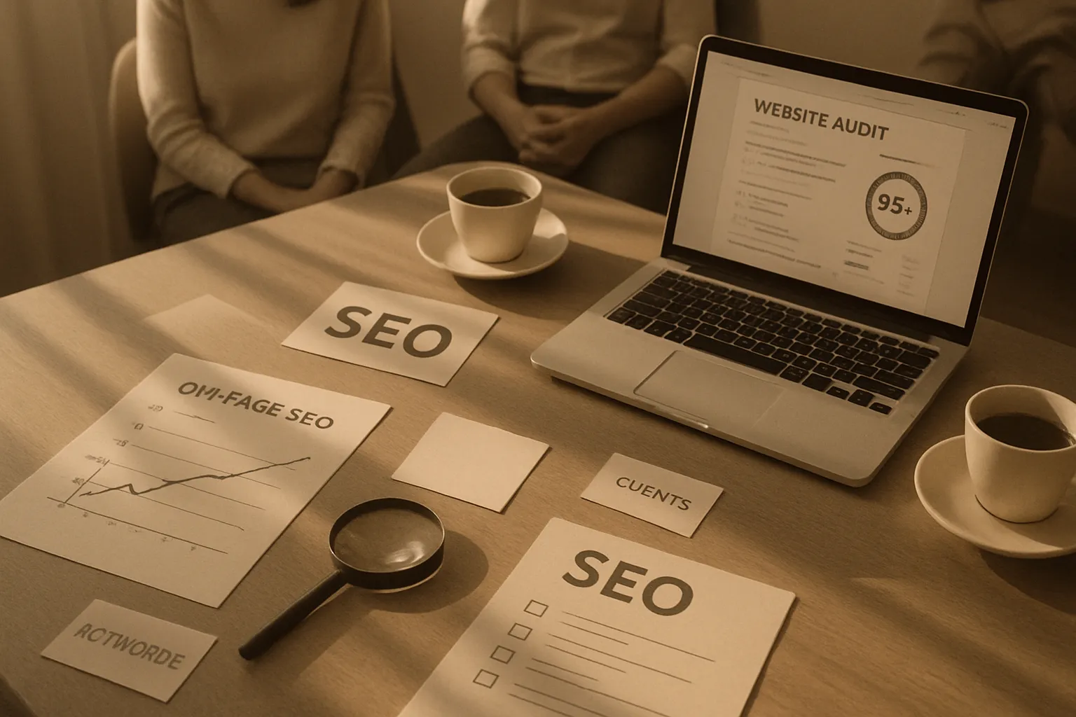 Zwei Personen sitzen an einem Tisch mit Laptop, Kaffee, und Papier über SEO, Analyse, Keywords. Es ist warm und gemütlich.