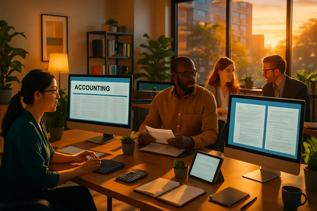 Menschen sitzen an einem Tisch im Büro, arbeiten an Computern und sprechen. Es ist Abend, draußen geht die Sonne unter.