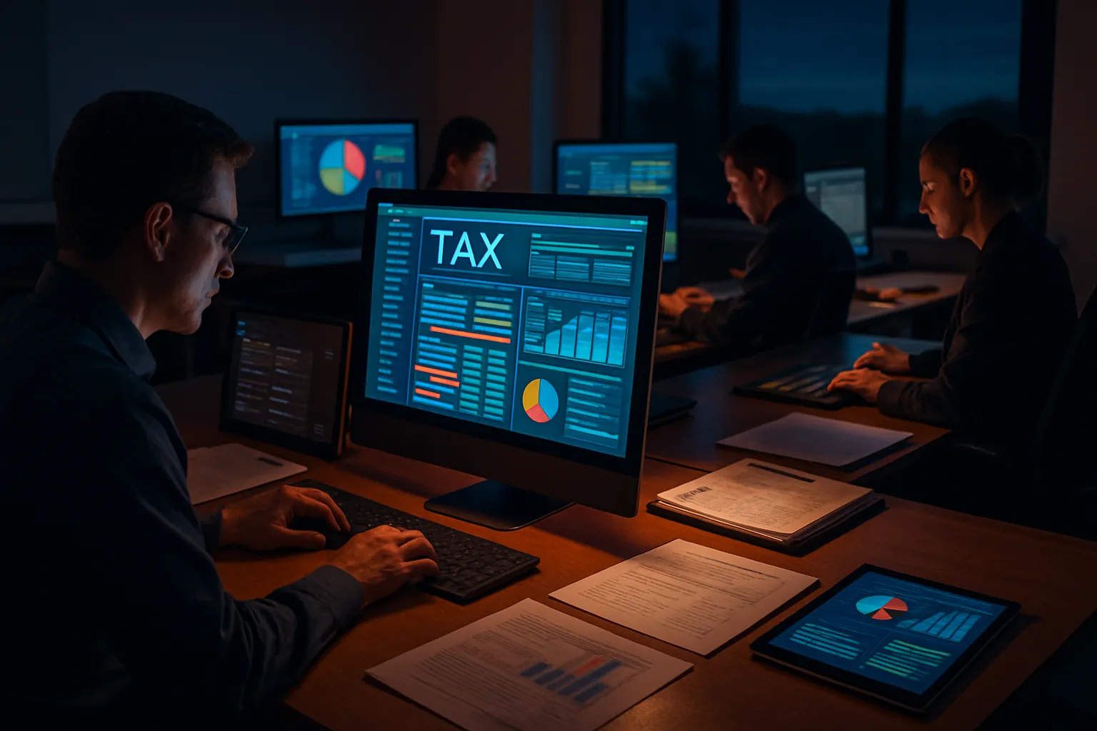 Menschen arbeiten nachts an Computern in einem Büro. Auf den Bildschirmen sind Diagramme und das Wort „TAX“ zu sehen.