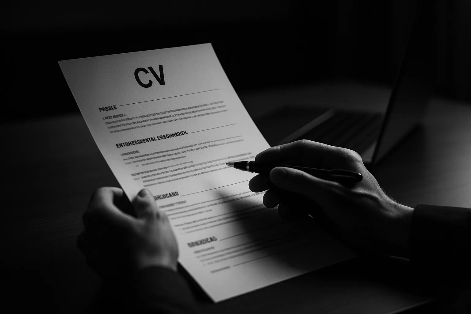 Eine Person liest einen Lebenslauf (CV) auf einem Tisch, bei schwachem Licht, mit einem Laptop im Hintergrund.