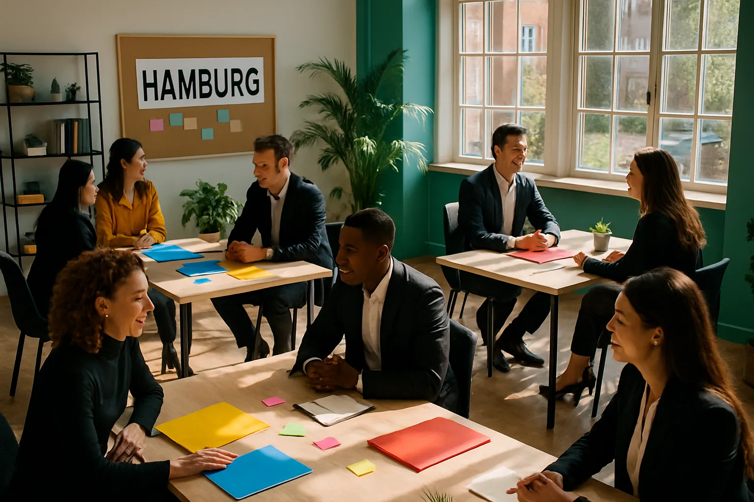 Mehrere Menschen sitzen in einem hellen Raum an Tischen, die mit bunten Akten und Post-its bedeckt sind, und unterhalten sich. Die Wände sind grün.