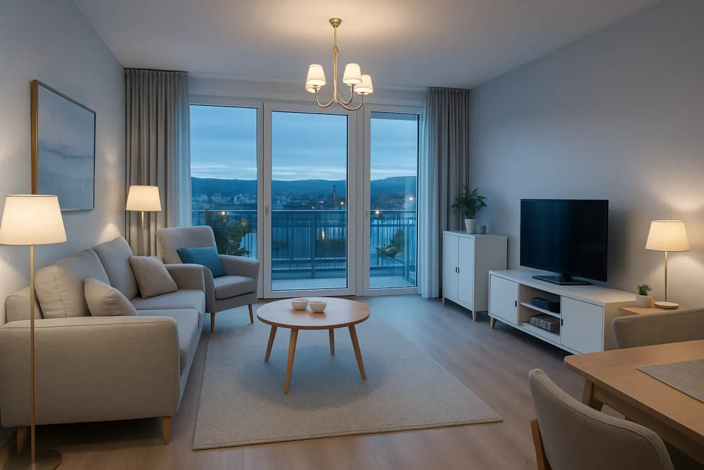Helles Wohnzimmer mit Sofa, Sessel, TV, Glastür zum Balkon, Blick auf Berge, stehend, mit moderner, gemütlicher Einrichtung.