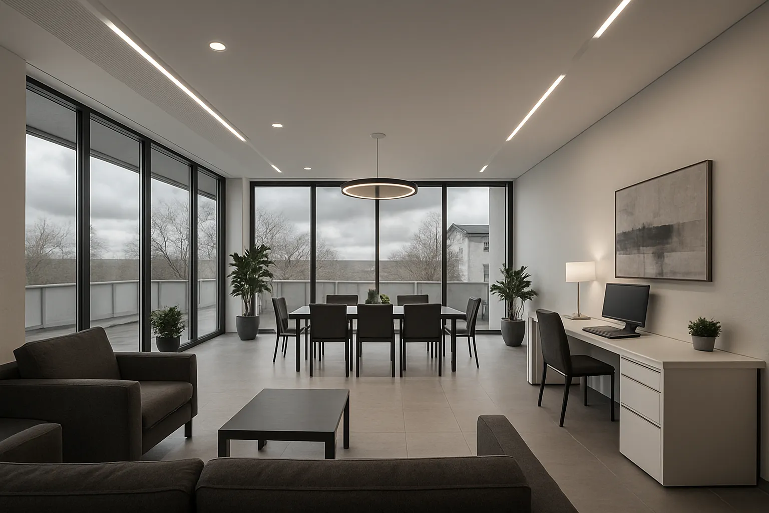 Ein modernes Wohnzimmer mit großem Fenster, Esstisch, Sofa, Schreibtisch, Pflanzen und zentralem Licht. Blick nach draußen auf Wolken und Bäume.