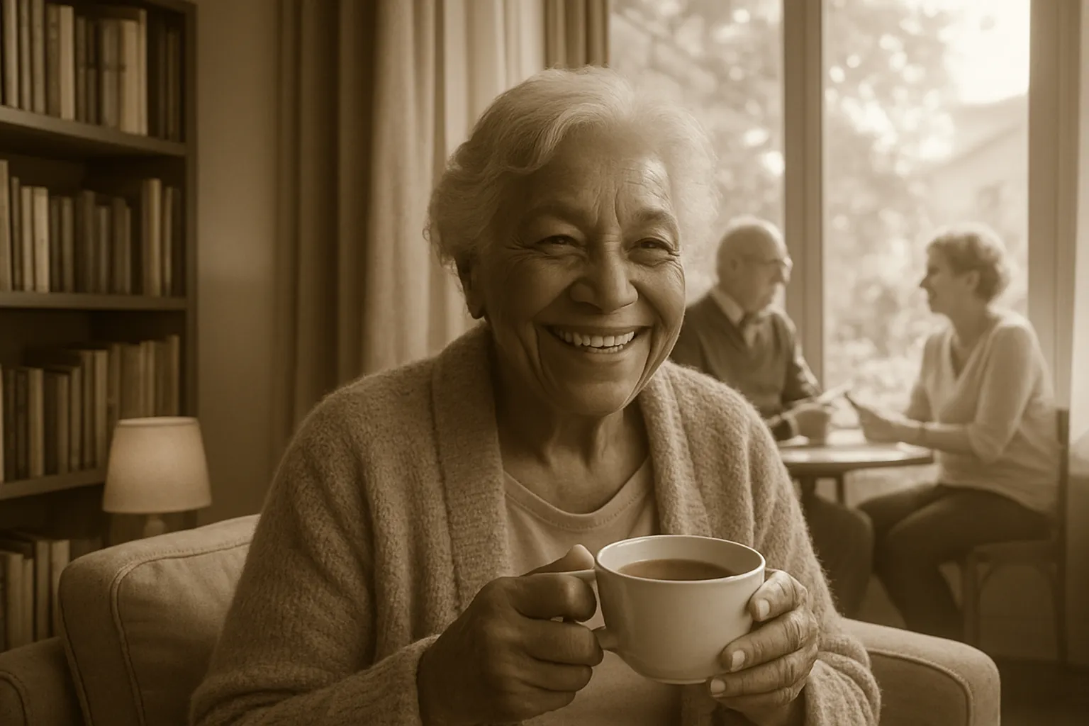Eine glückliche ältere Frau hält eine Tasse Kaffee in einem Wohnzimmer. Im Hintergrund sitzen zwei Menschen am Tisch.