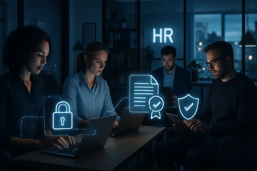 Vier Menschen sitzen nachts im Büro, arbeiten an Laptops, rechts ist ein Bildschirm mit "HR", um sie herum Symbole für Sicherheit und Datenschutz.