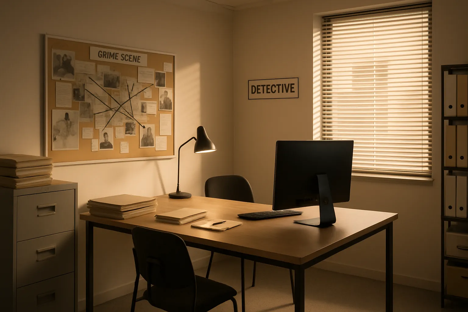 Ein Büro mit Schreibtisch, Computer, Akten, Brotladen, Fenster mit Jalousien, Pinnwand "Grime Scene" und "Detective".