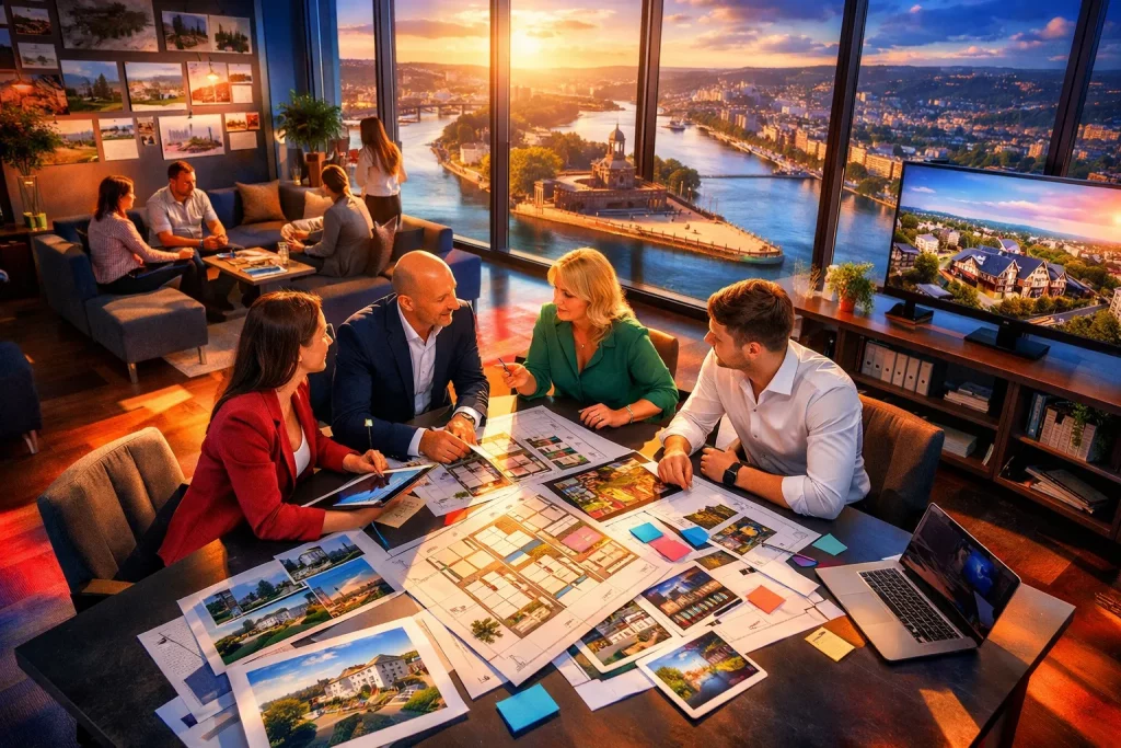 Fünf Menschen beraten sich in einem Büro mit großen Fenstern und Blick auf einen Fluss und die Stadt bei Sonnenuntergang. Sie studieren Baupläne.