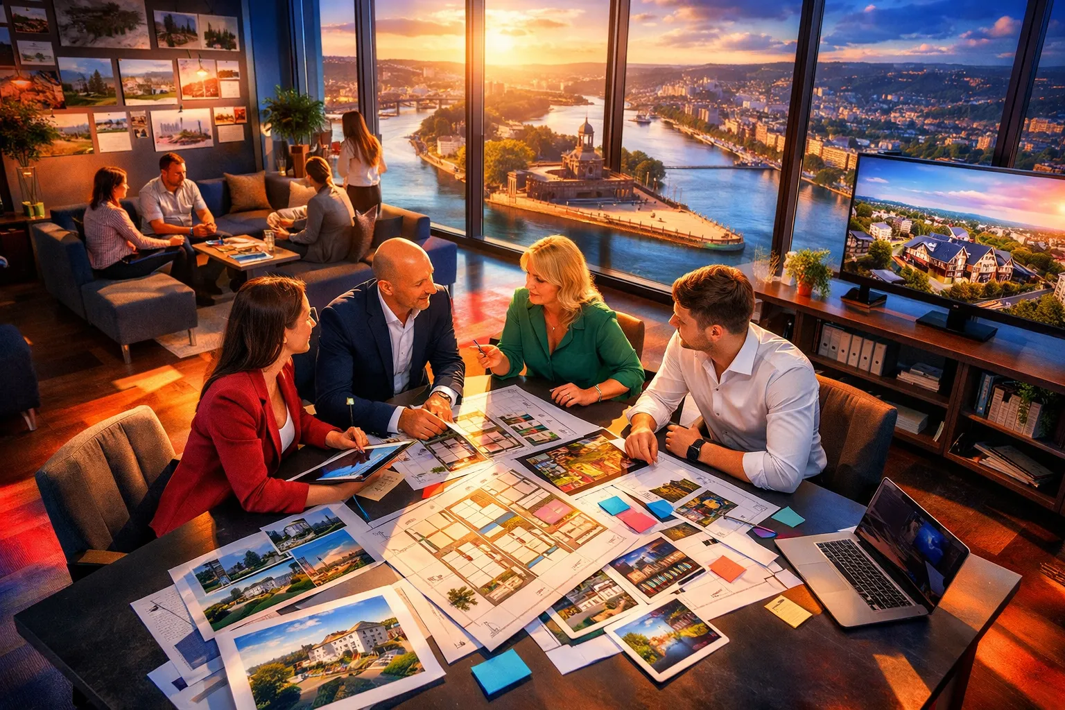 Fünf Menschen beraten sich in einem Büro mit großen Fenstern und Blick auf einen Fluss und die Stadt bei Sonnenuntergang. Sie studieren Baupläne.
