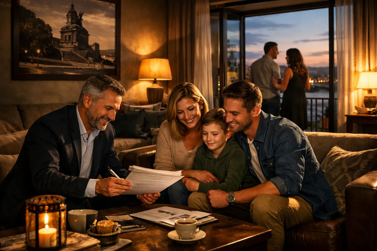 Eine Familie sitzt abends im Wohnzimmer, schaut gemeinsam Dokumente an, während hinter ihnen am Balkon bei Sonnenuntergang zwei Personen sprechen.