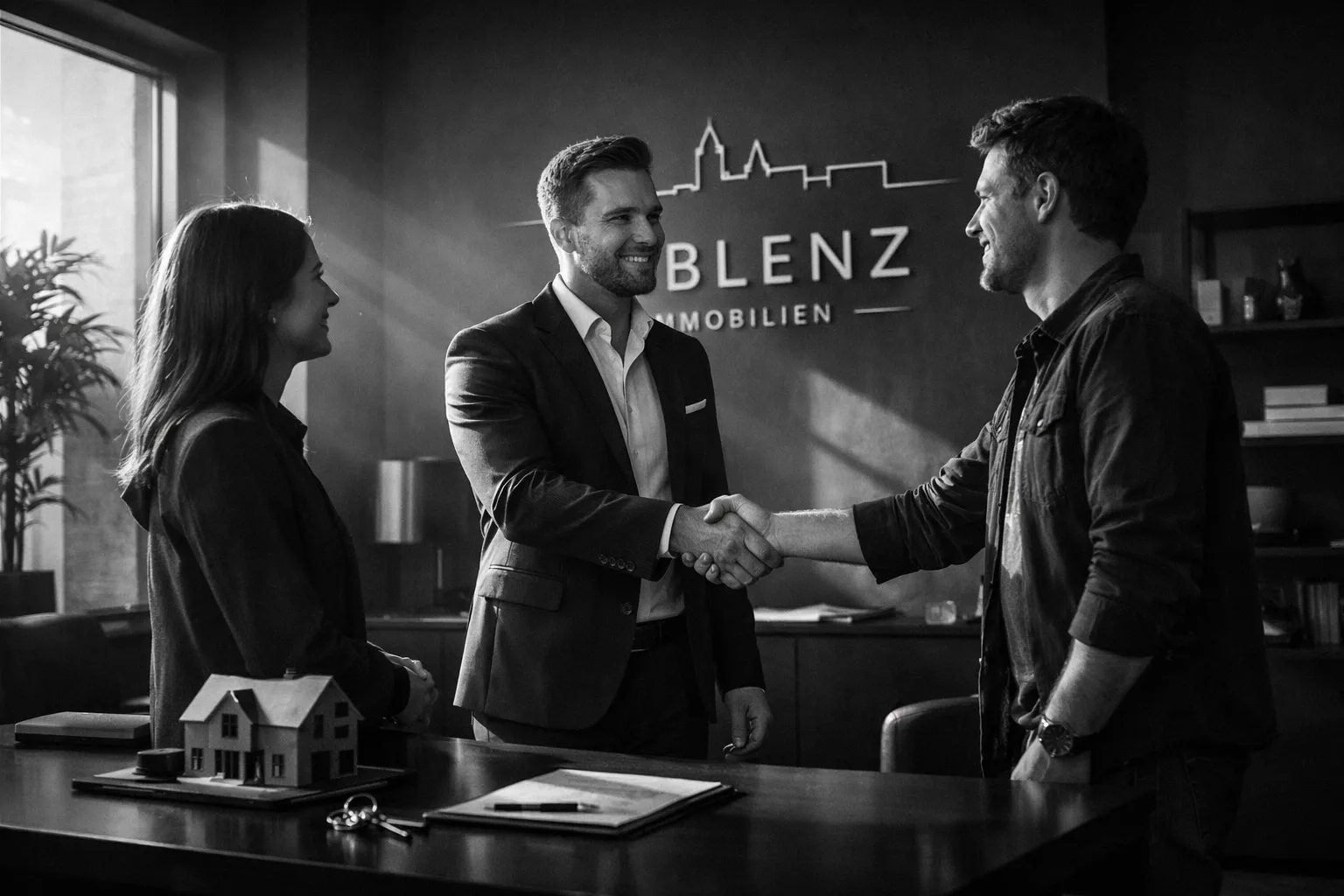 Zwei Männer schütteln sich die Hände in einem Büro, während eine Frau zuschaut. Im Hintergrund eine Wand mit "BLENZ Immobilien".