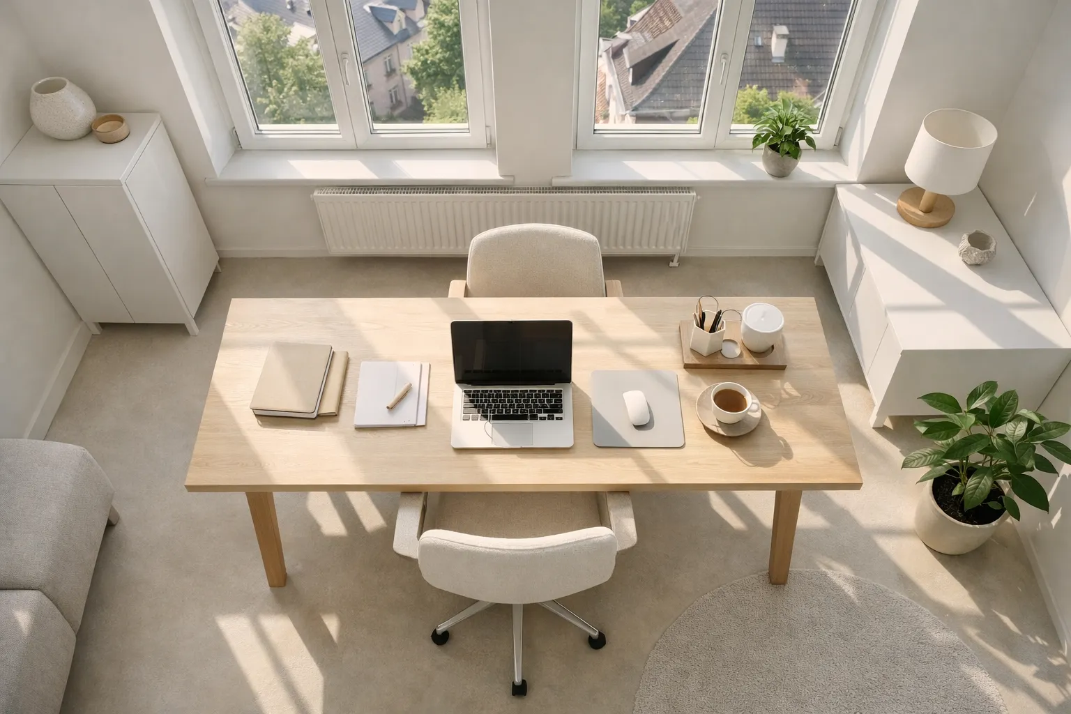 Ein Arbeitszimmer mit Schreibtisch, Laptop, Notizbüchern, einer Tasse Kaffee, Pflanzen und einer Lampe, alles in hellem, modernem Stil.
