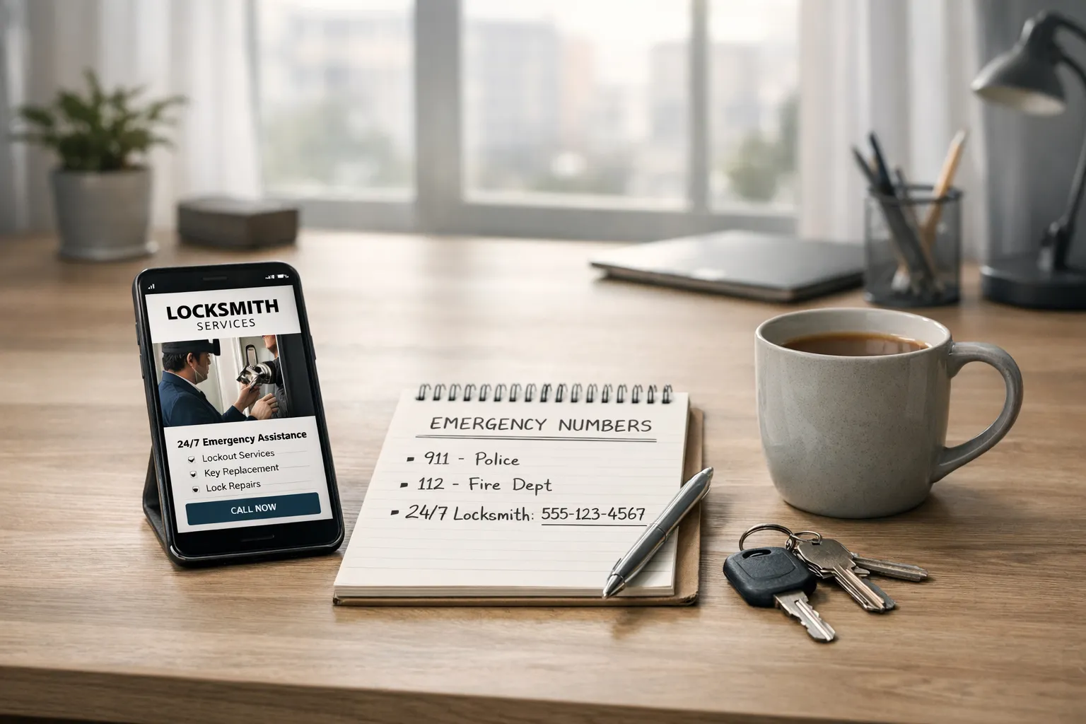 Ein Schreibtisch mit Handschrift, Schlüssel, Kaffeetasse, Stift, Handy mit Locksmith-Werbung und Notiz mit Notrufnummern vor Fenster.