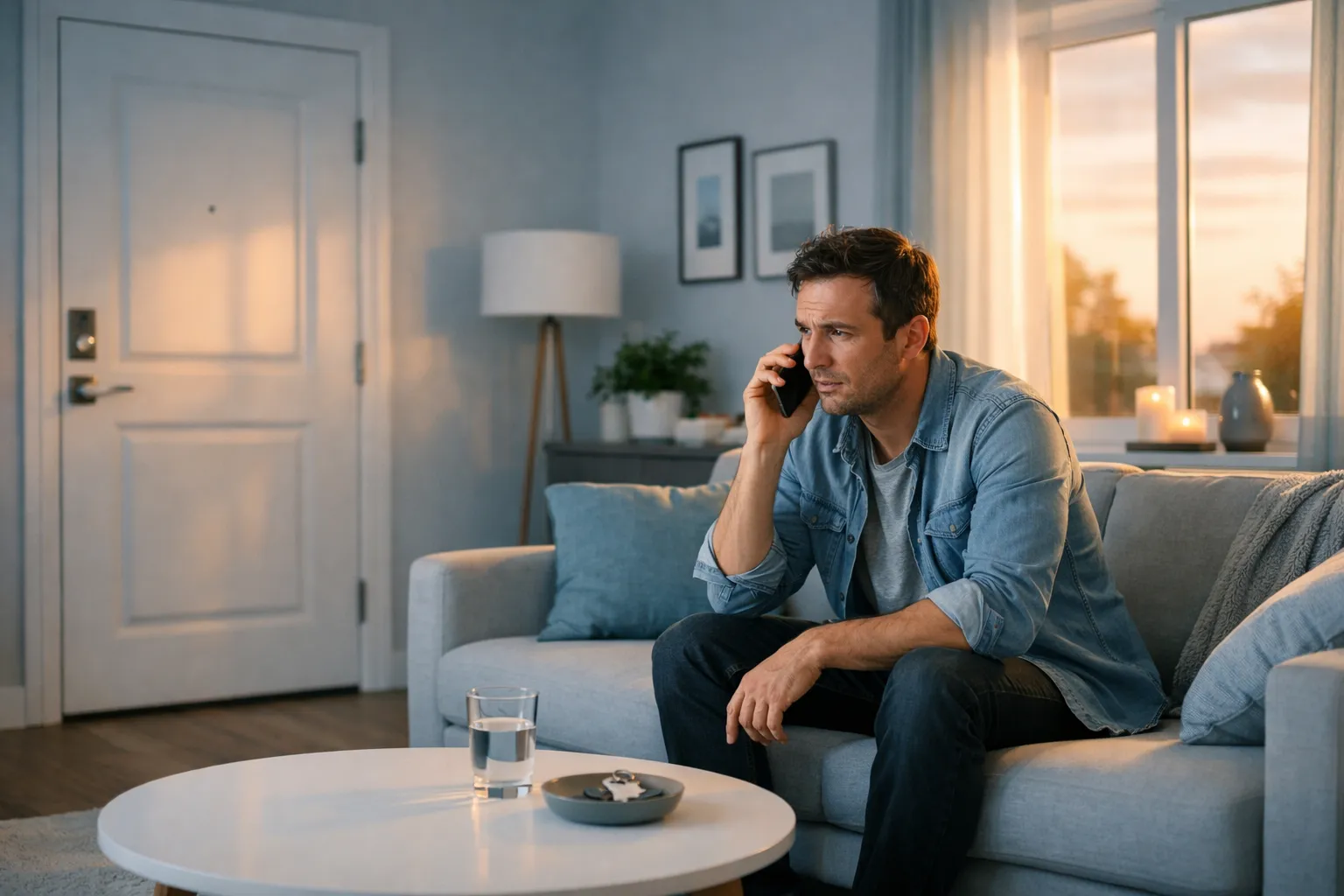 Ein Mann sitzt auf einem Sofa und redet besorgt am Telefon. Es ist Abend, das Zimmer ist hell erleuchtet, draußen Sonnenuntergang.