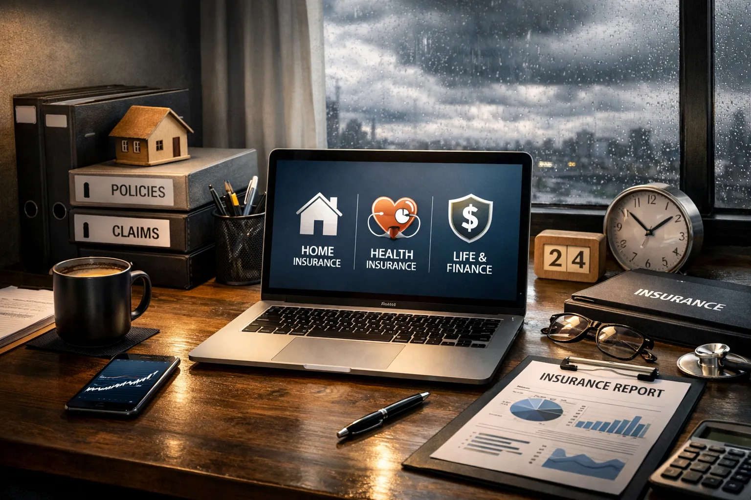 Ein Schreibtisch mit Laptop, Versicherungsdokumenten, Büroklammern, Brille, Stift, Kalender, Uhr und ein Smartphone vor einem Fenster bei Regen.