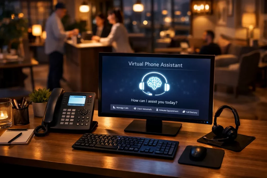 Ein Schreibtisch im Restaurant mit Telefon, Tastatur, Monitor, Kopfhörer und Notizbuch. Im Hintergrund Gäste an der Bar.