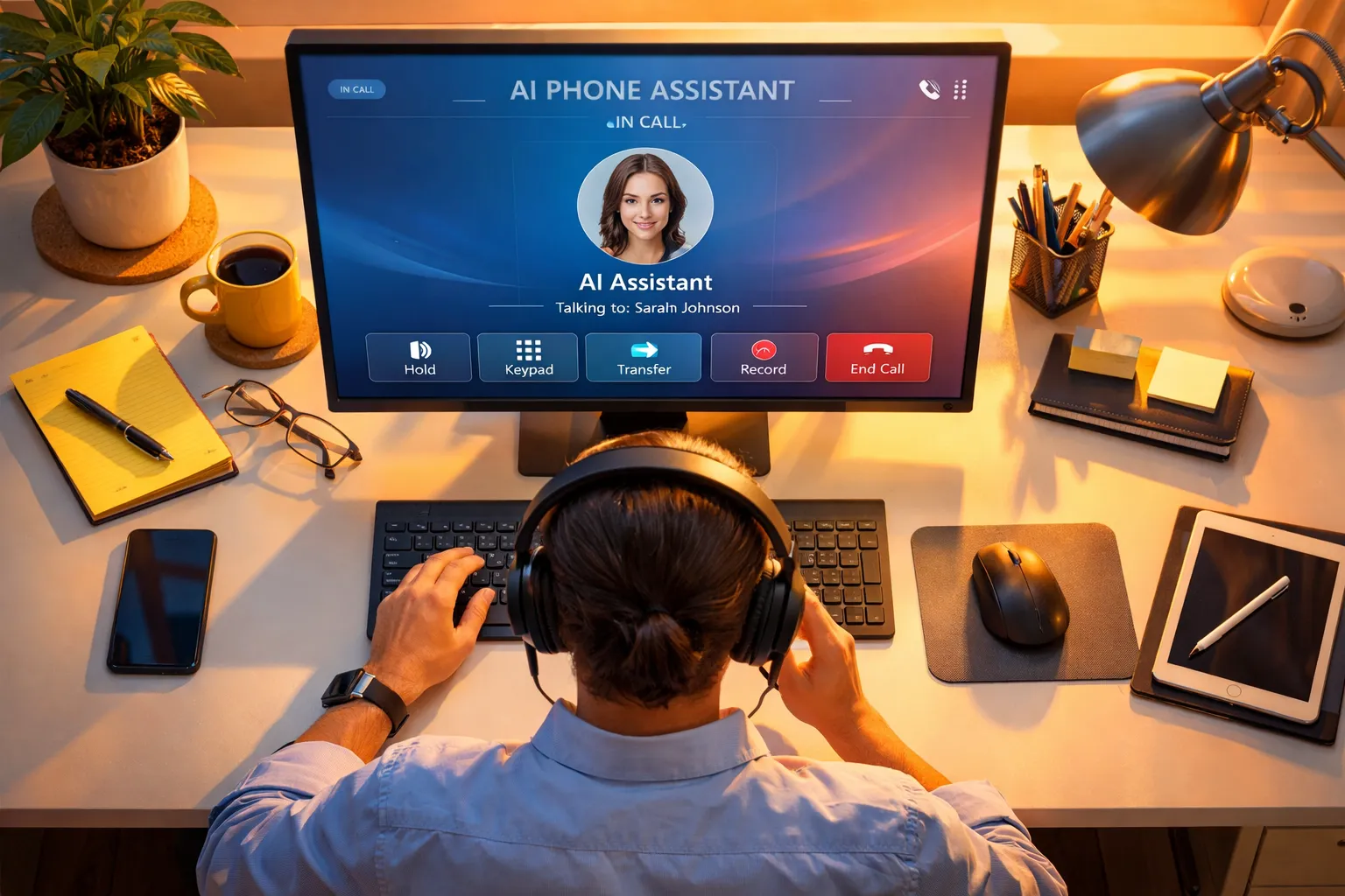 Ein Mann sitzt an einem Schreibtisch, trägt Kopfhörer, führt ein Telefonat und arbeitet am Computer. Der Bildschirm zeigt eine AI-Assistenz, die mit Sarah Johnson spricht.