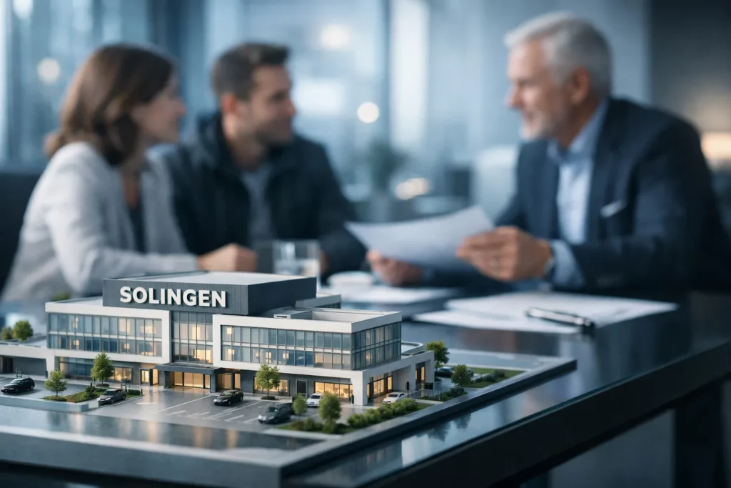 Ein Modell des Gebäudes Solingen auf einem Tisch, im Hintergrund sprechen drei Menschen bei einer Besprechung.
