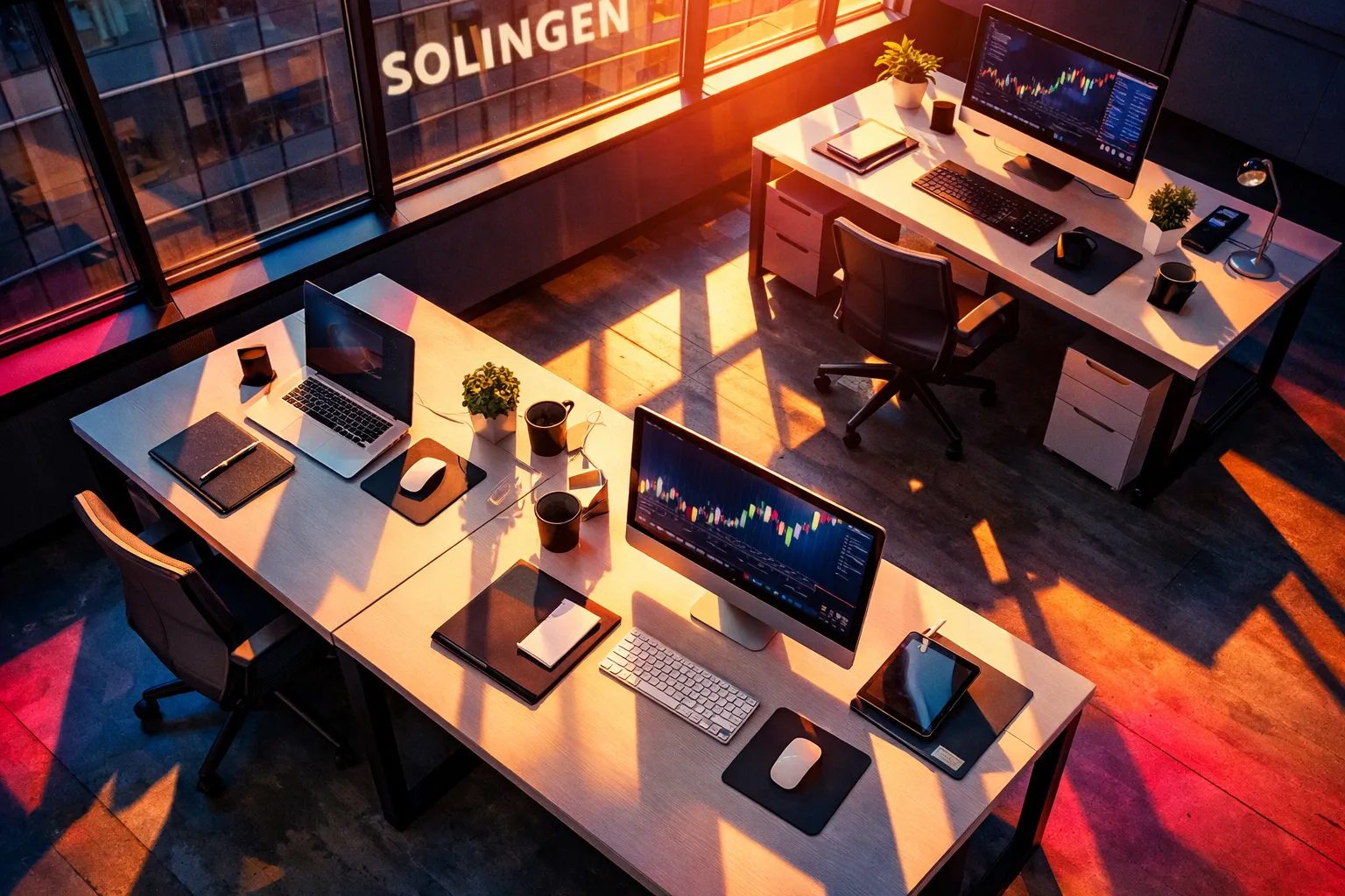 Offenes Büro mit zwei Schreibtischen, Laptops, Monitoren, Pflanzen und Sonnenlicht, das durch große Fenster auf den Boden scheint.