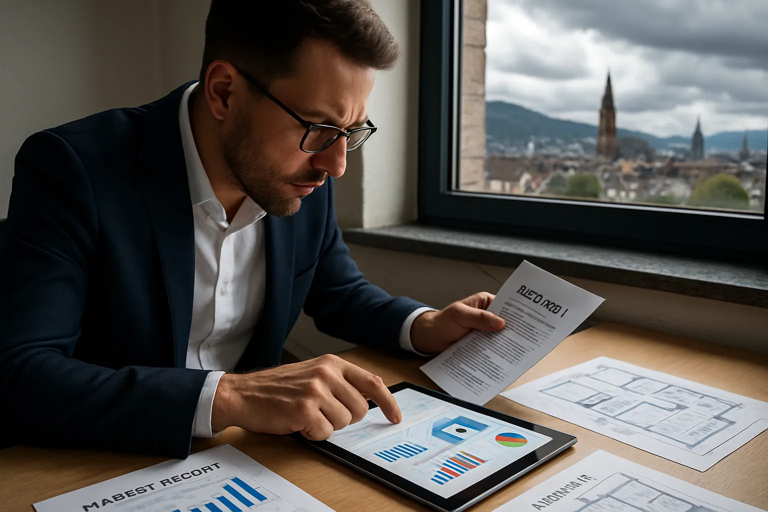 Geschäftsmann sitzt an einem Tisch, liest einen Lebenslauf und arbeitet mit Tablet und Papier im Büro. Im Fenster Blick auf eine Stadt mit Bergen.