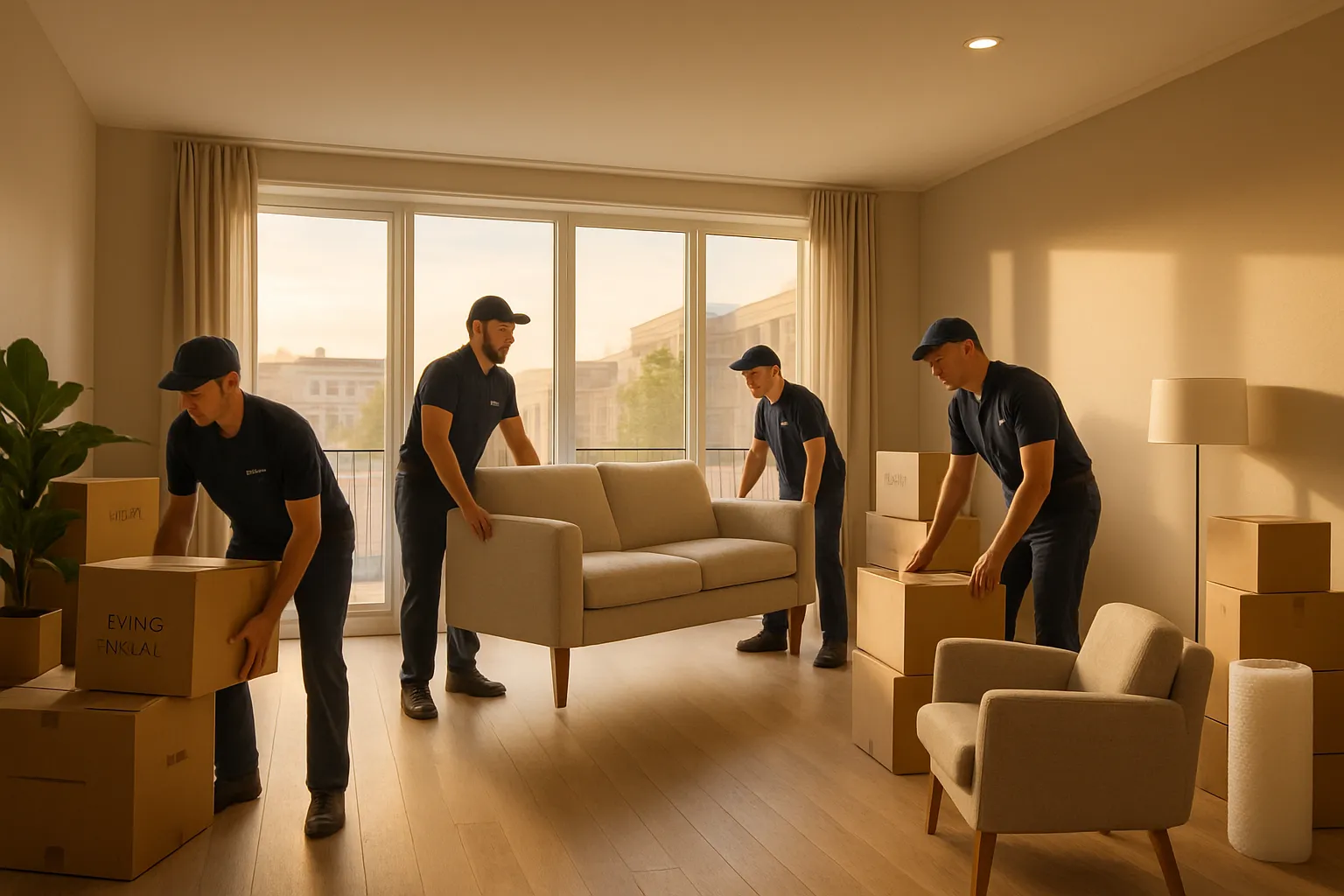 Vier Umzugshelfer tragen ein Sofa in einem hellen Wohnzimmer mit großen Fenstern und Kartons. Das Team arbeitet zusammen.