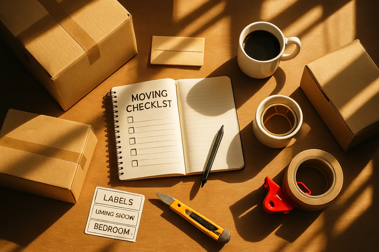 Auf einem Tisch liegen Umzugskartons, Kaffeetassen, ein Messer, ein Notizbuch mit To-Do-Liste, Etiketten, und eine Rolle Klebeband.