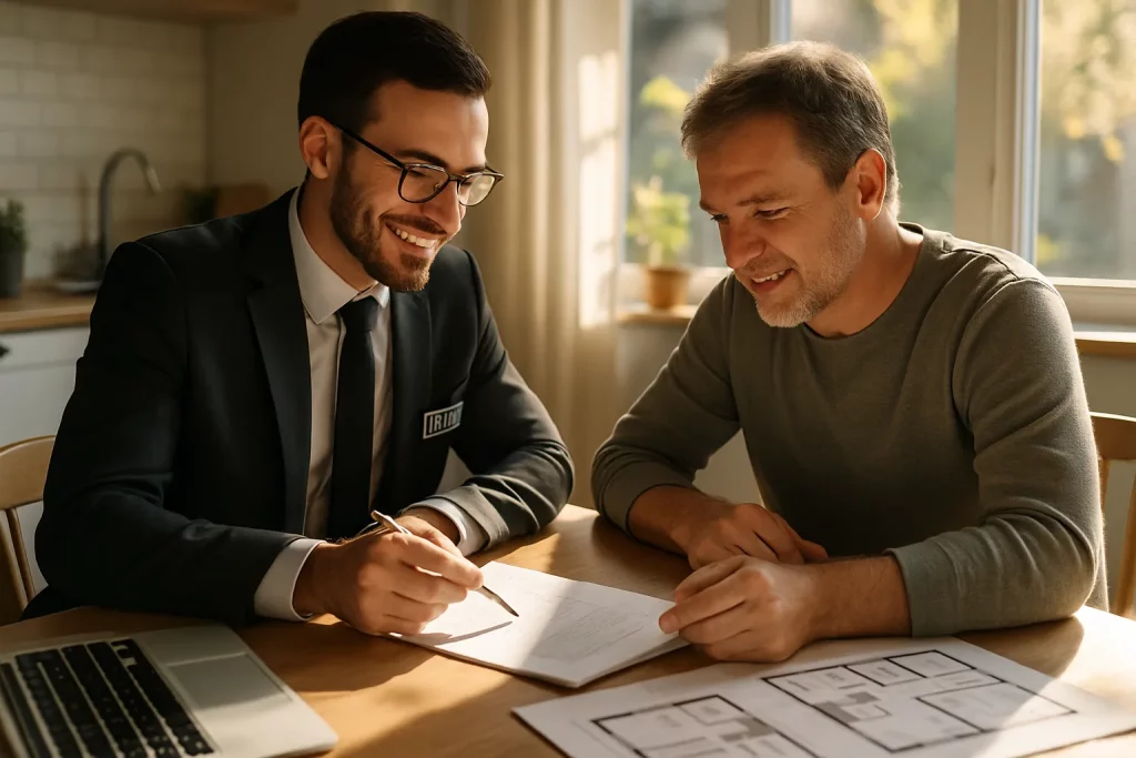 Ein junger Mann in Anzug und Brille zeigt einem älteren Mann einen Plan auf einem Tisch. Sie lachen und sprechen miteinander. Im Hintergrund eine sonnige Küche.
