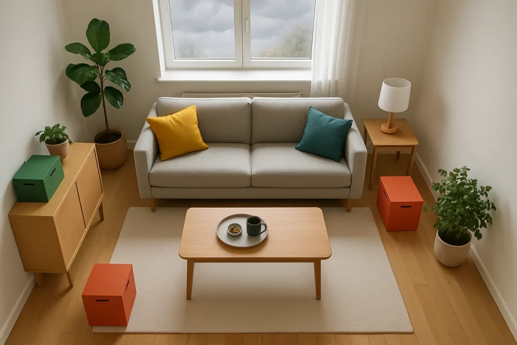 Ein gemütliches Wohnzimmer mit grauem Sofa, zwei bunten Kissen, einem kleinen Couchtisch, Pflanzen, einem Sideboard, einem Nachttisch, Lampen und Blick aus dem Fenster.