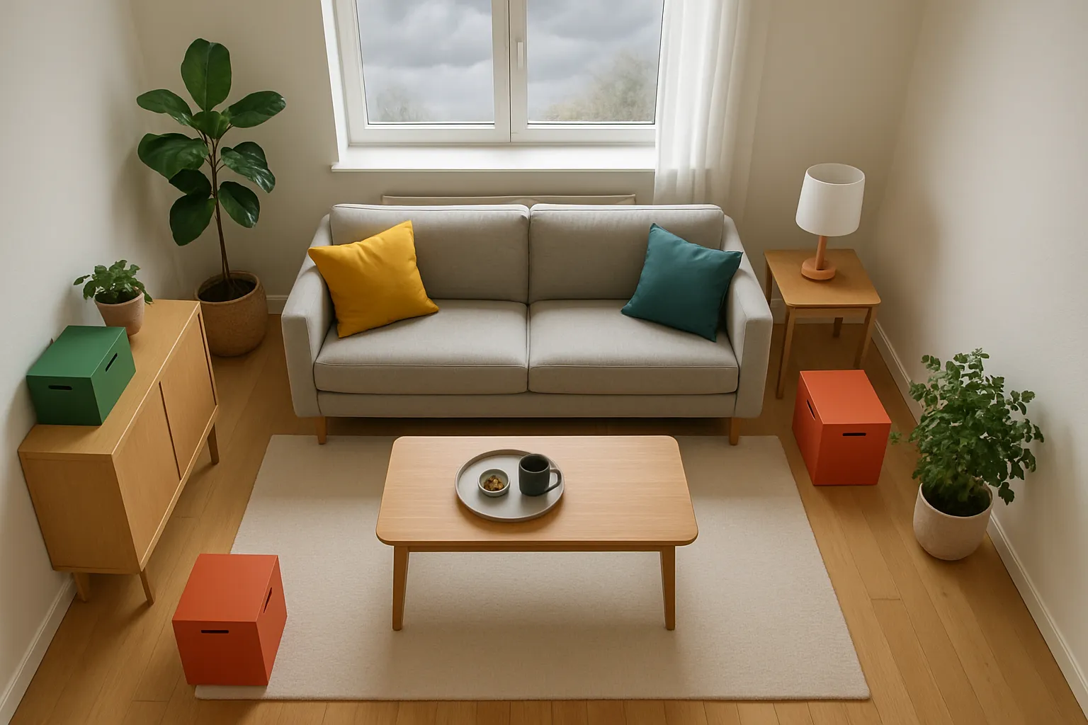 Ein gemütliches Wohnzimmer mit grauem Sofa, zwei bunten Kissen, einem kleinen Couchtisch, Pflanzen, einem Sideboard, einem Nachttisch, Lampen und Blick aus dem Fenster.