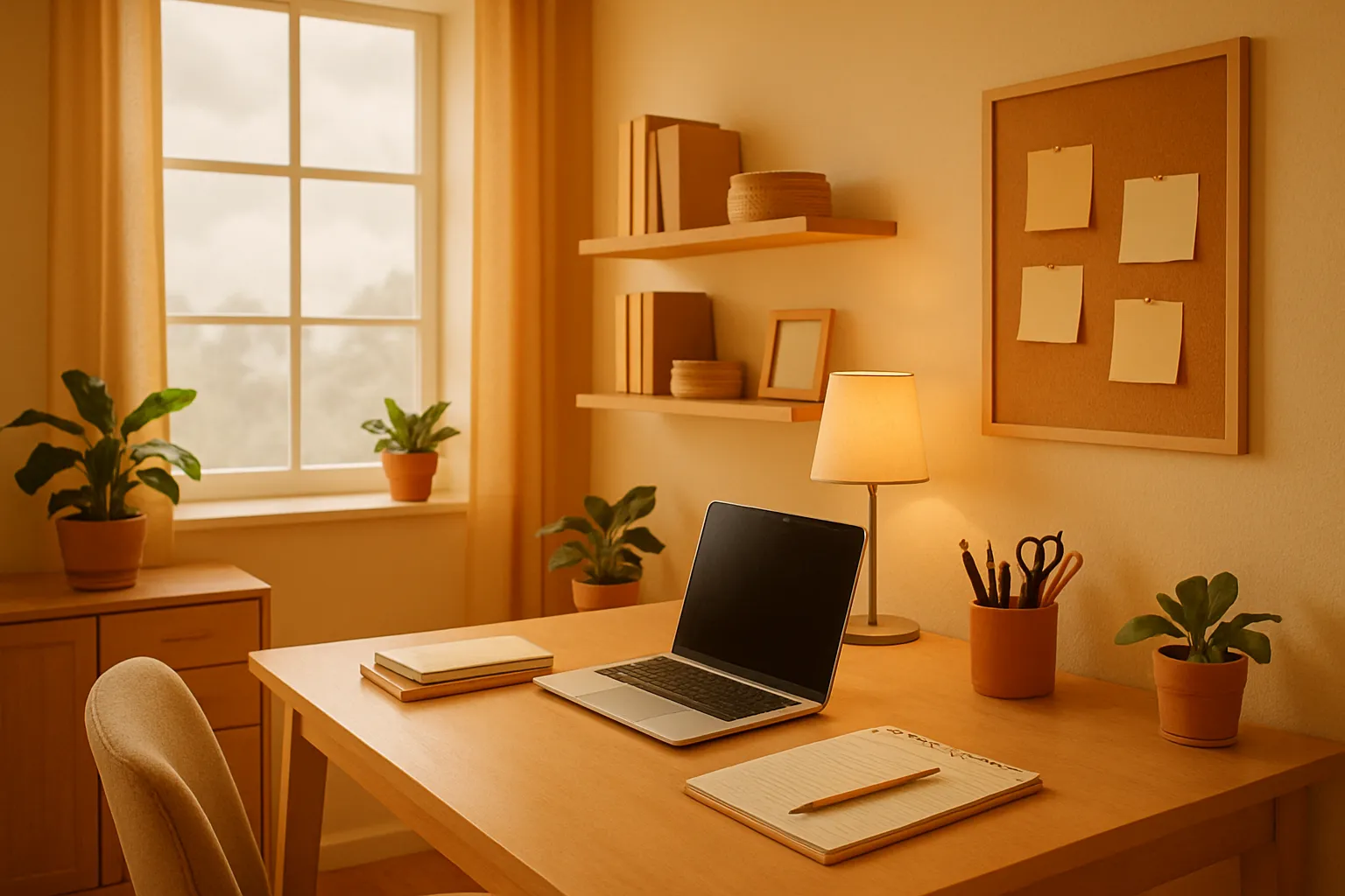 Ein ruhiges, helles Büro mit Schreibtisch, Laptop, Büchern, Pflanzen, Lampe und Wandtafel. Freundliche Arbeitsumgebung im Tageslicht.