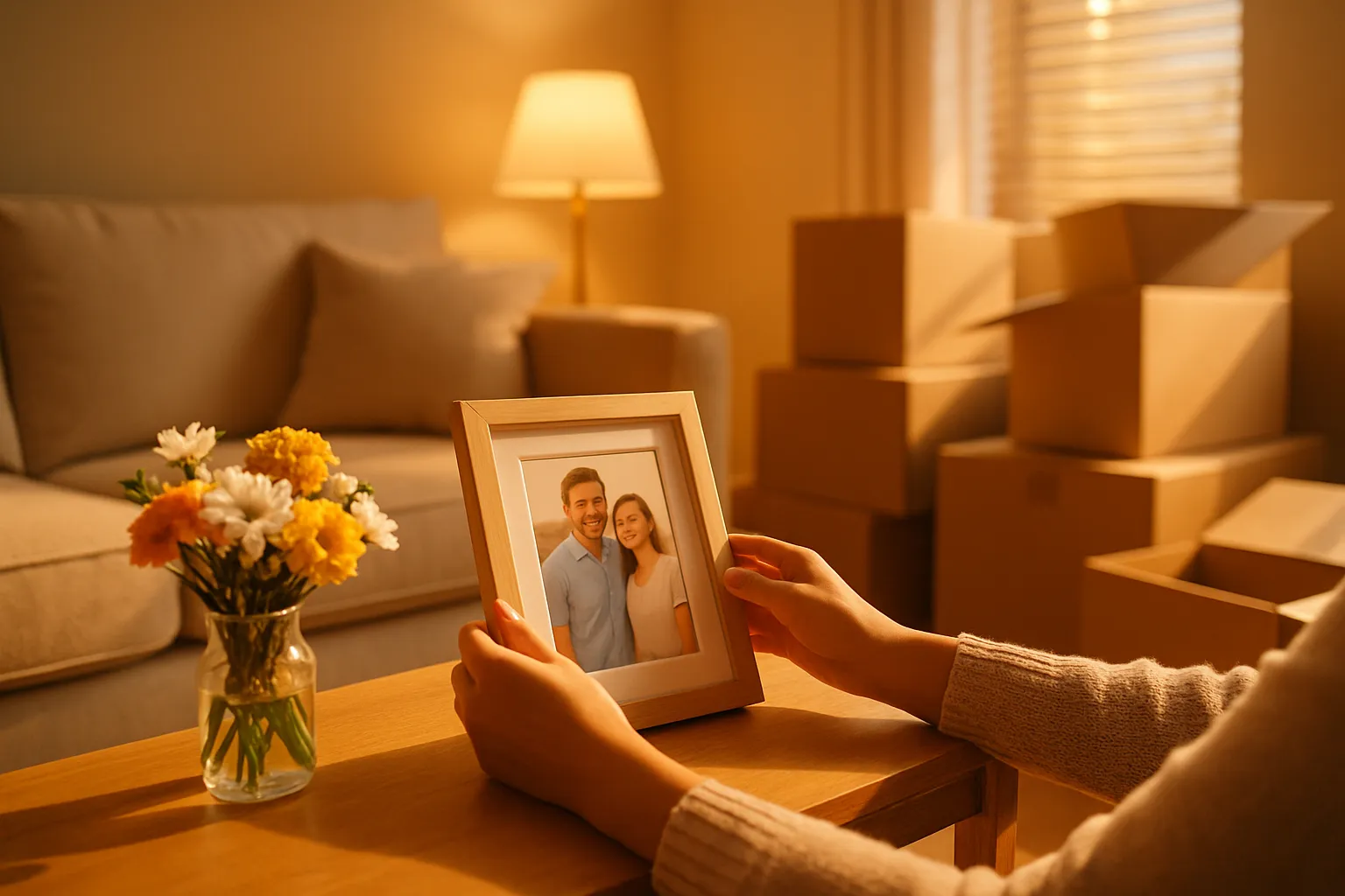 Eine Person hält ein Foto von einem lächelnden Paar in einem gemütlichen Zimmer mit Kartons und einer Tischvase mit Blumen.