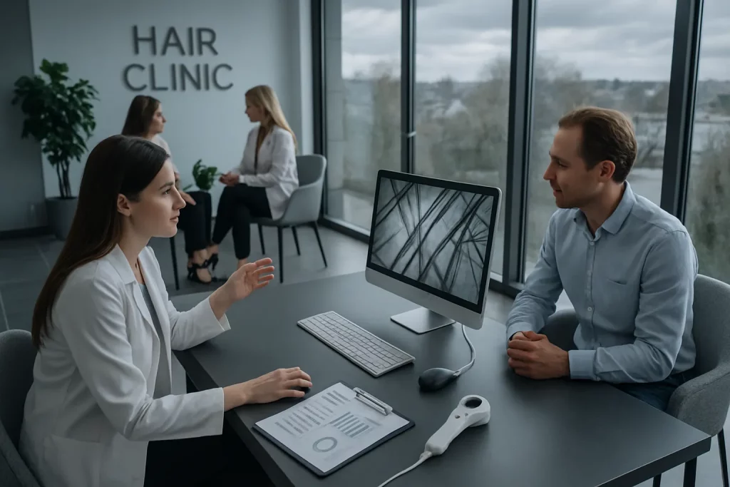 Zwei Frauen im Gespräch, eine sitzt am Computer im Haarclinic, die andere im Wartezimmer im Hintergrund. Modernes, helles Büro.