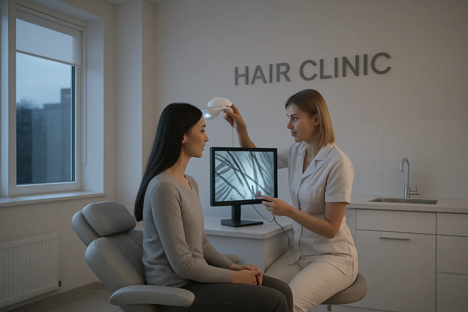 Eine Arztin prüft Haare einer Frau im Behandlungsraum der Friseurklink. Es gibt ein Fenster, einen Monitor und ein Schild mit "Hair Clinic".